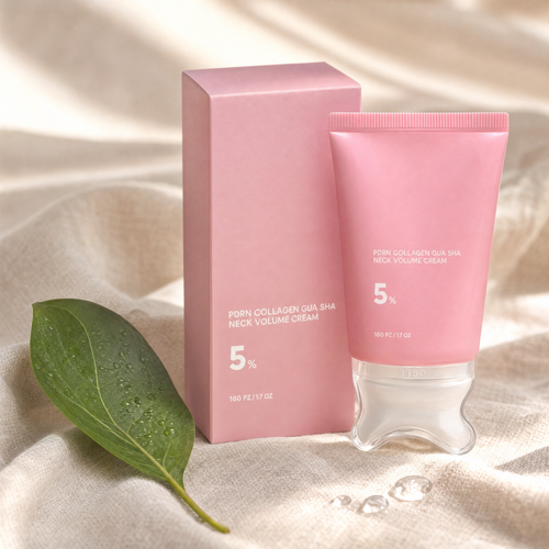 Luvorus Collagen Neck Cream on cream linen with leaf