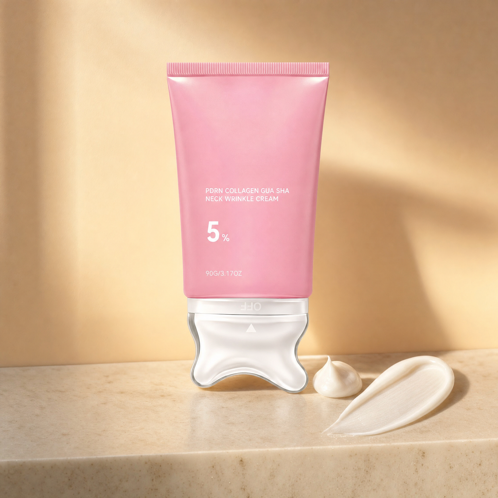 Luvorus Collagen Neck Cream on marble with cream swatch