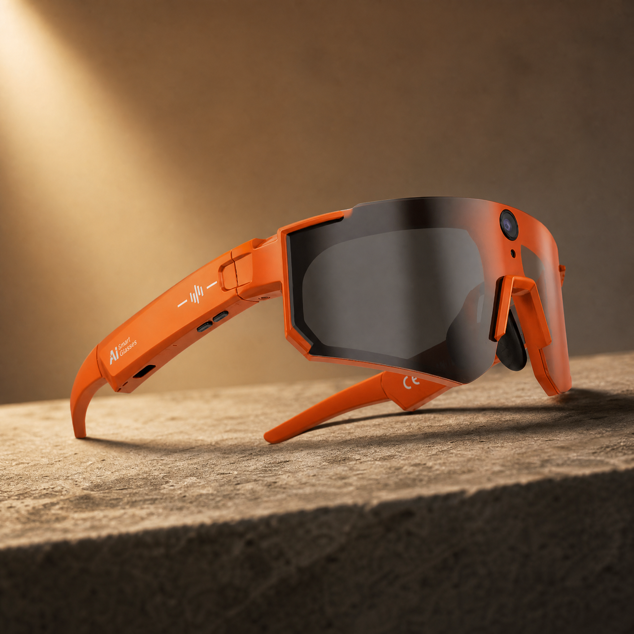 AI Smart Glasses in Orange, cinematic product photo