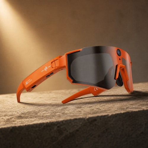 AI Smart Glasses in Orange, cinematic product photo