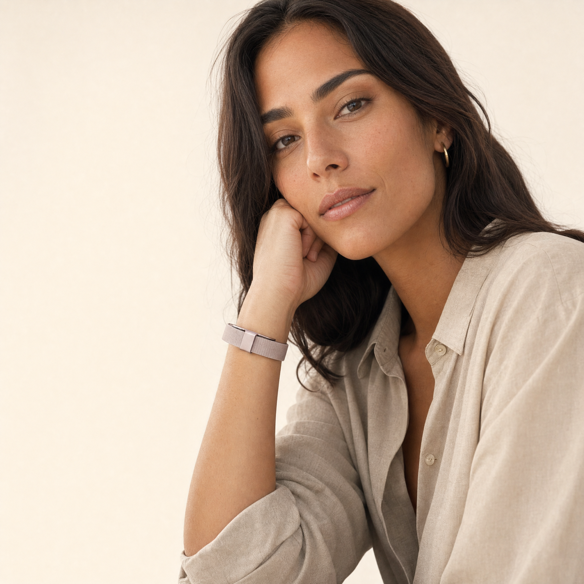 Smart Health Bracelet worn by female model - Rose Golden