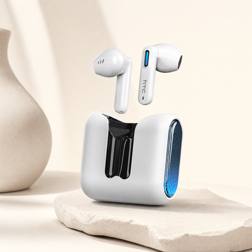 White TWS earbuds product photo