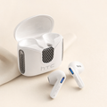 White TWS earbuds with charging case detail